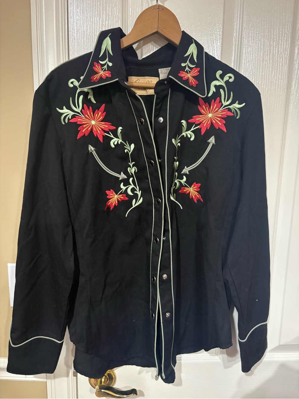 Scully Black Western Shirt with Red Floral Embroidery